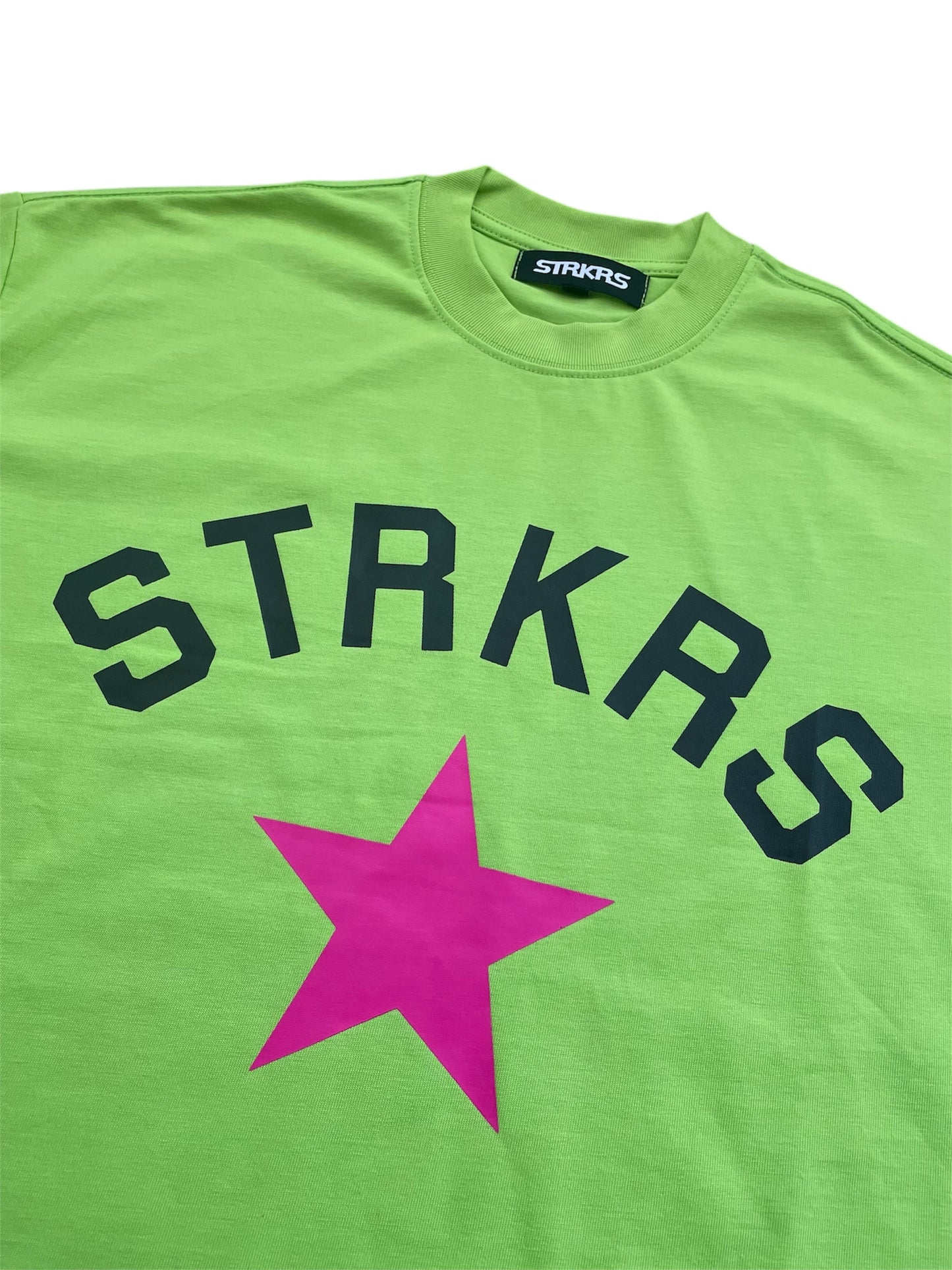 STRKRS neon green mens women's unisex 100% cotton heavyweight crewneck relaxed fit t-shirt. Arch Star Logo on center chest