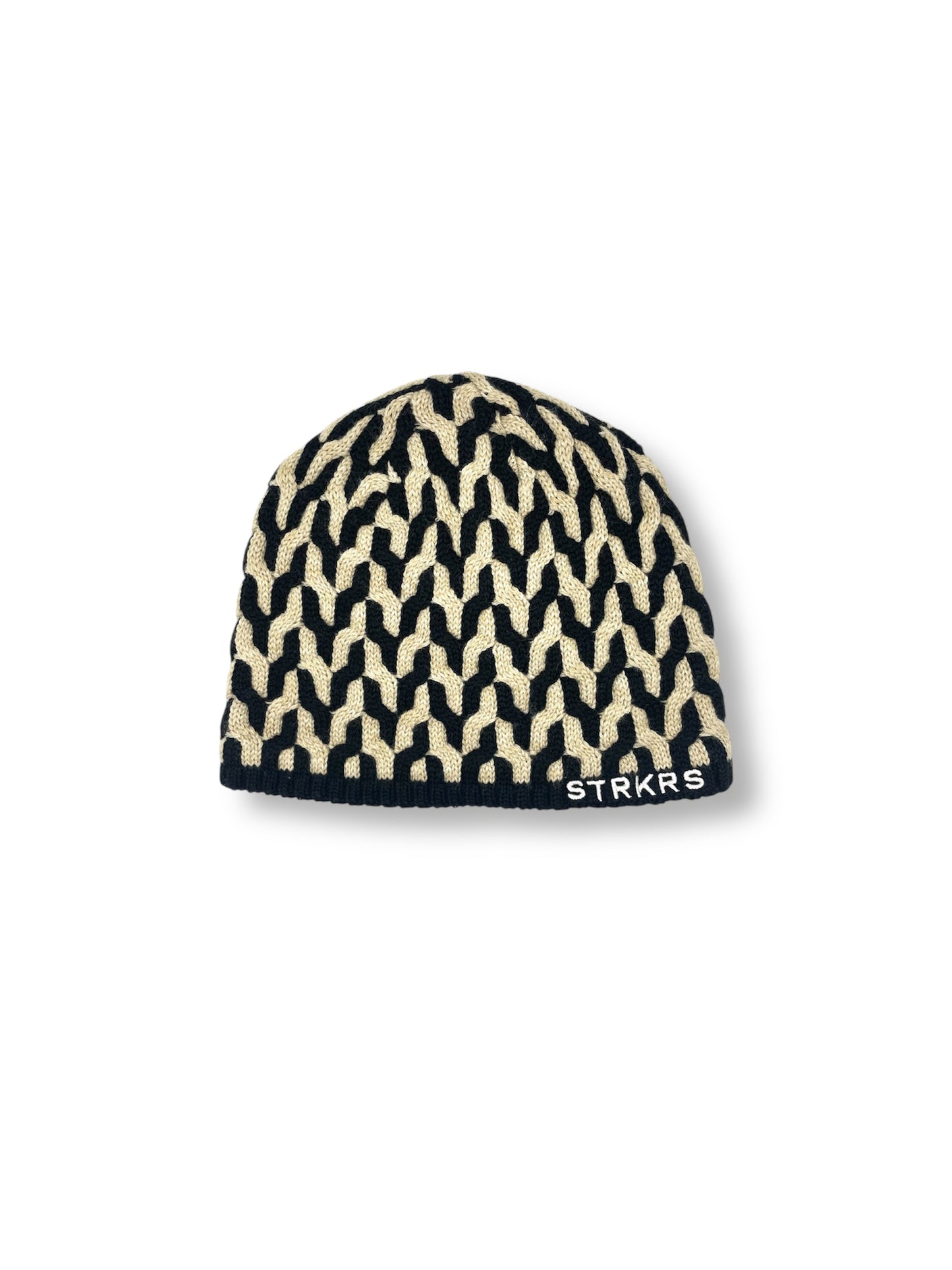 STRKRS black and white mens women's unisex soft warm insulating wool acrylic blend uniquely patterned low profile skullcap beanie with brim. Line with a cozy polyester fleece interior. STRKRS Logo embroidered on ribbed brim.