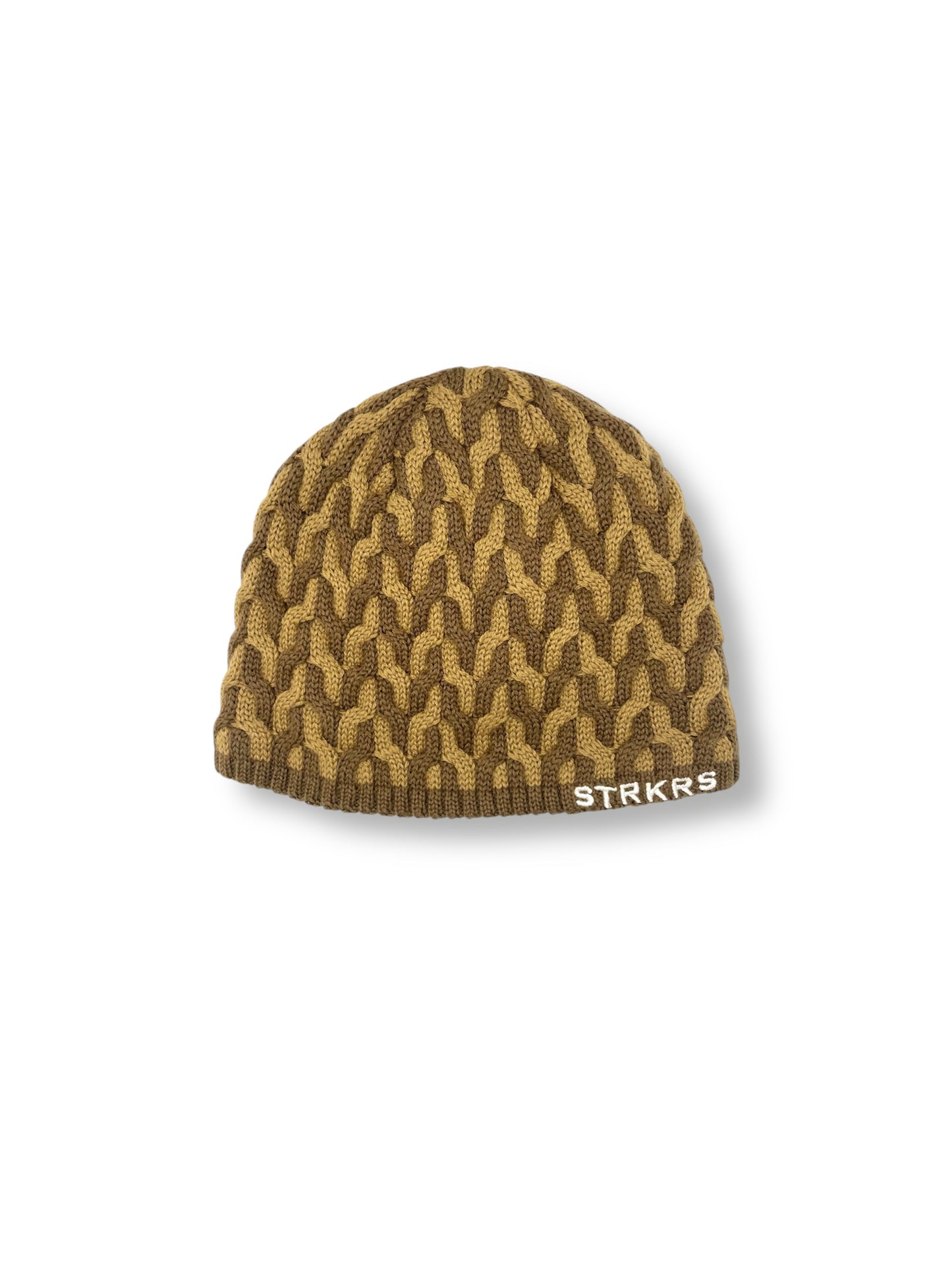 STRKRS dark brown and light brown mens women's unisex soft warm insulating wool acrylic blend uniquely patterned low profile skullcap beanie with brim. Line with a cozy polyester fleece interior. STRKRS Logo embroidered on ribbed brim.