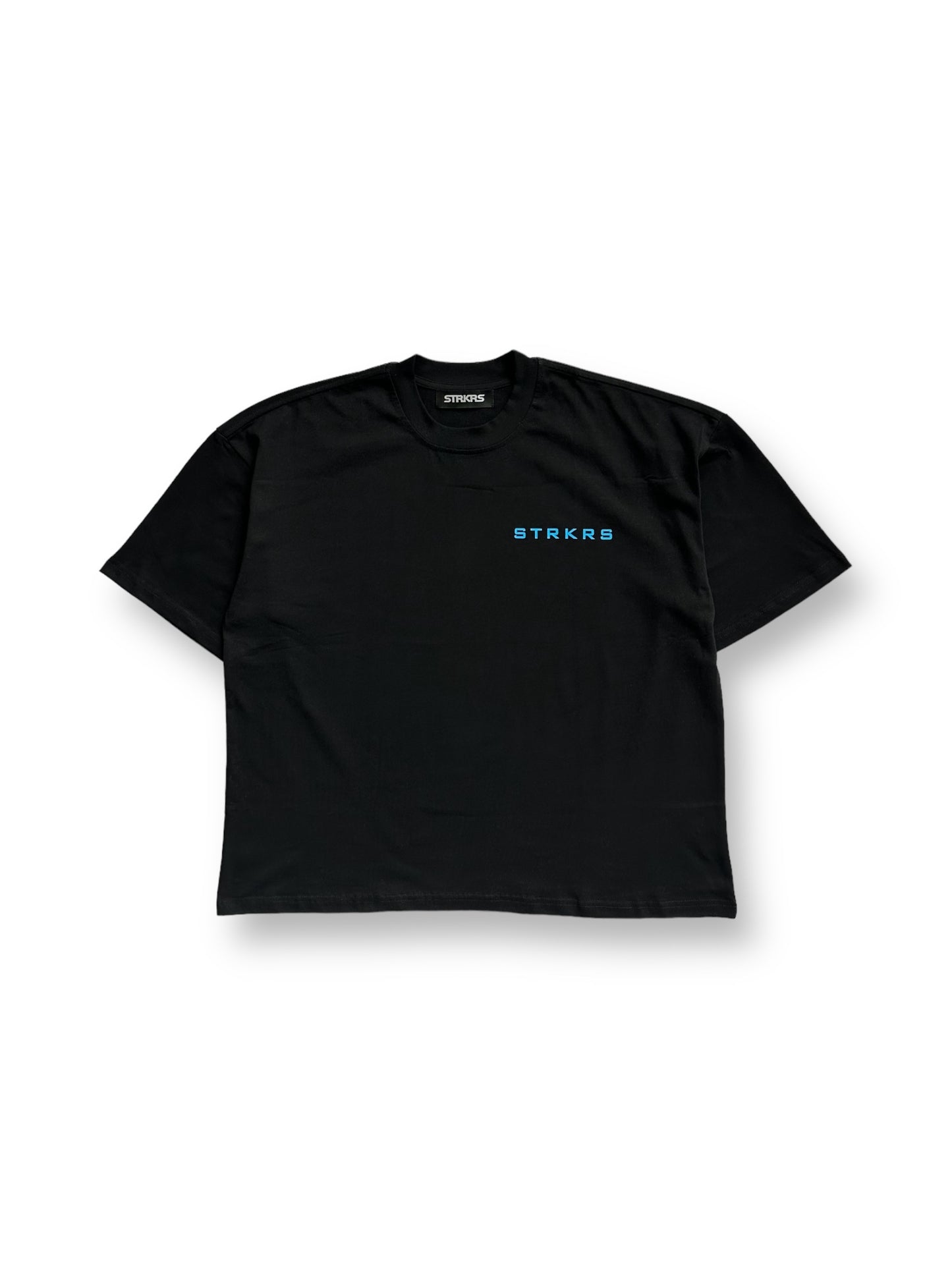STRKRS black and cool blue mens women's unisex 100% cotton mid-weight crewneck boxy fit t-shirt. Disintegrating letters on back