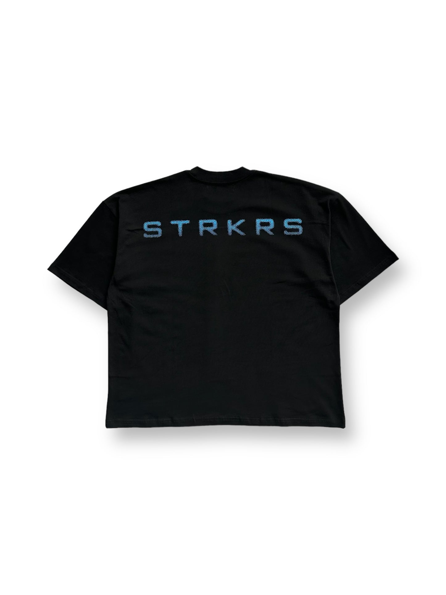 STRKRS black and cool blue mens women's unisex 100% cotton mid-weight crewneck boxy fit t-shirt. Disintegrating letters on back