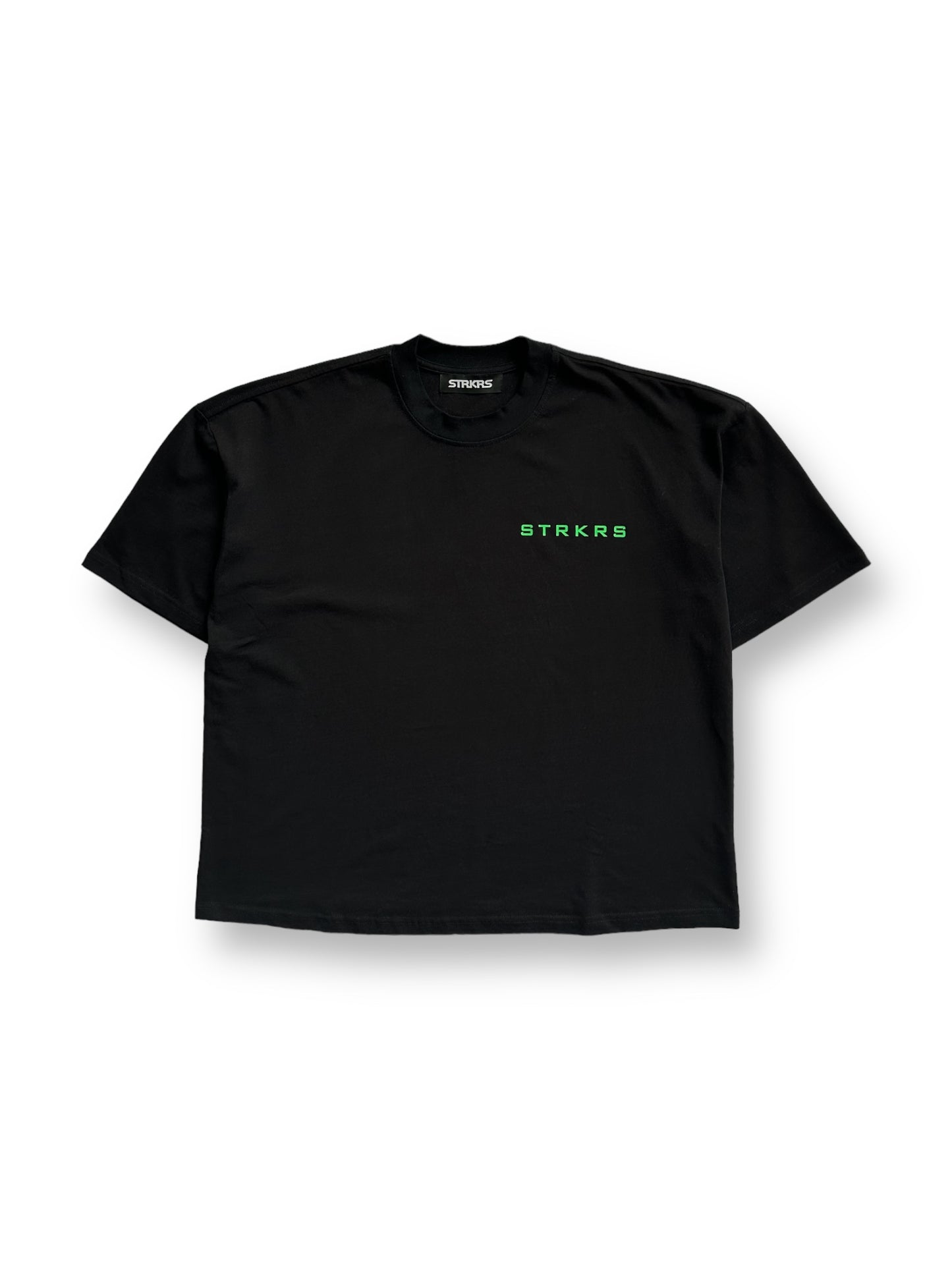 STRKRS black and lime green mens women's unisex 100% cotton mid-weight crewneck boxy fit t-shirt. Disintegrating letters on back
