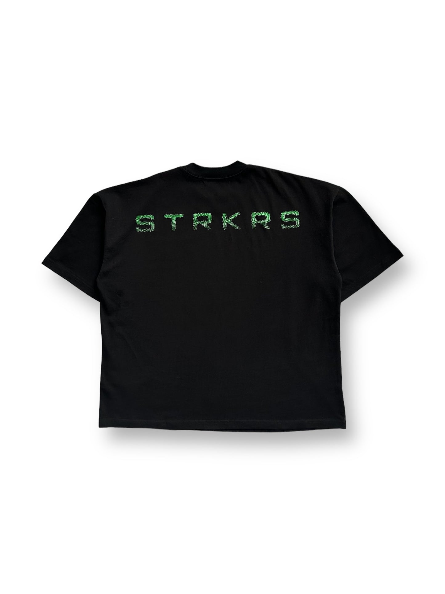 STRKRS black and lime green mens women's unisex 100% cotton mid-weight crewneck boxy fit t-shirt. Disintegrating letters on back
