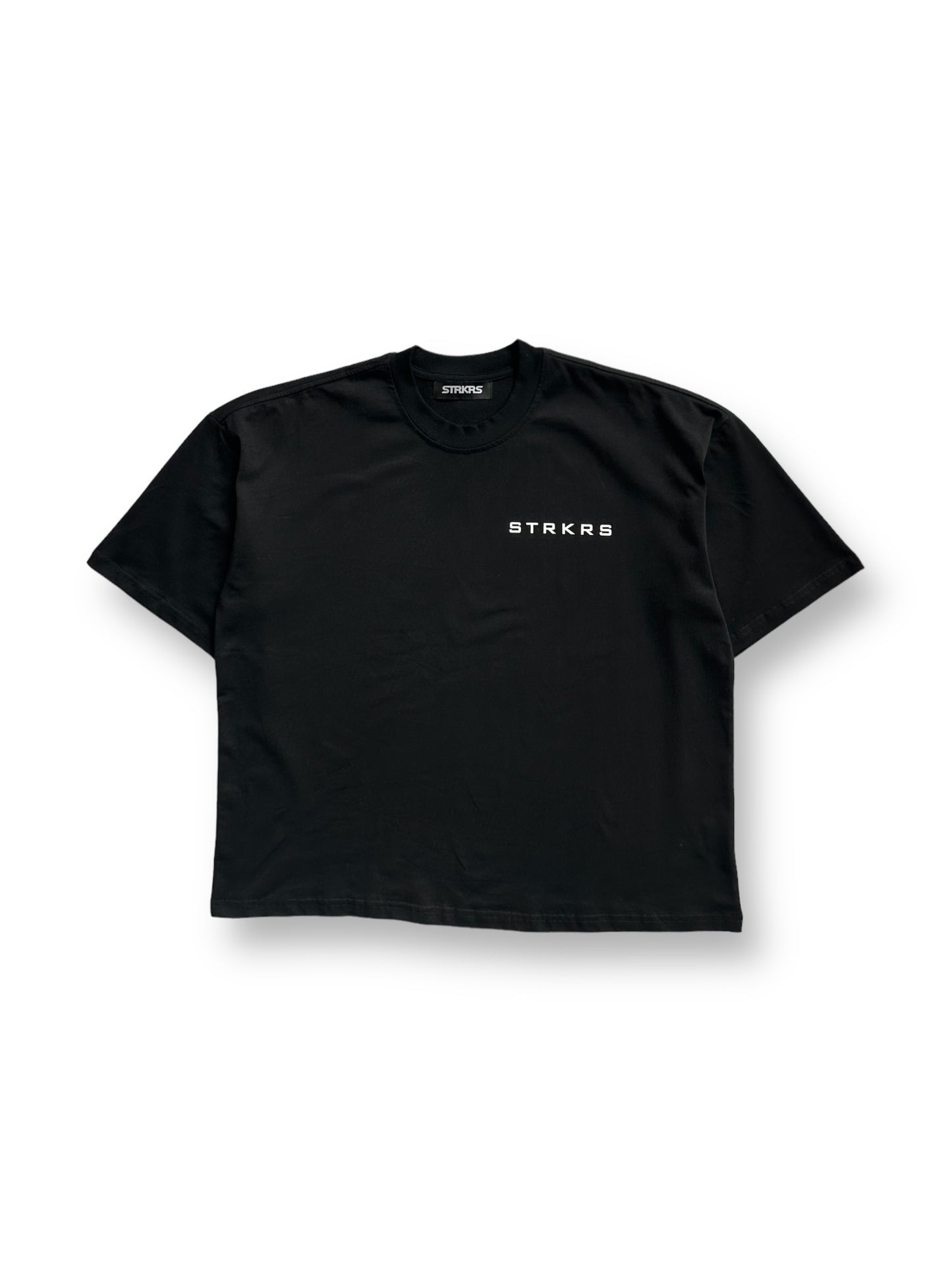 STRKRS black and white mens women's unisex 100% cotton mid-weight crewneck boxy fit t-shirt. Disintegrating letters on back