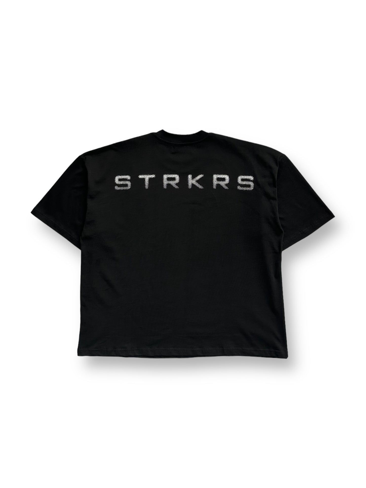 STRKRS black and white mens women's unisex 100% cotton mid-weight crewneck boxy fit t-shirt. Disintegrating letters on back
