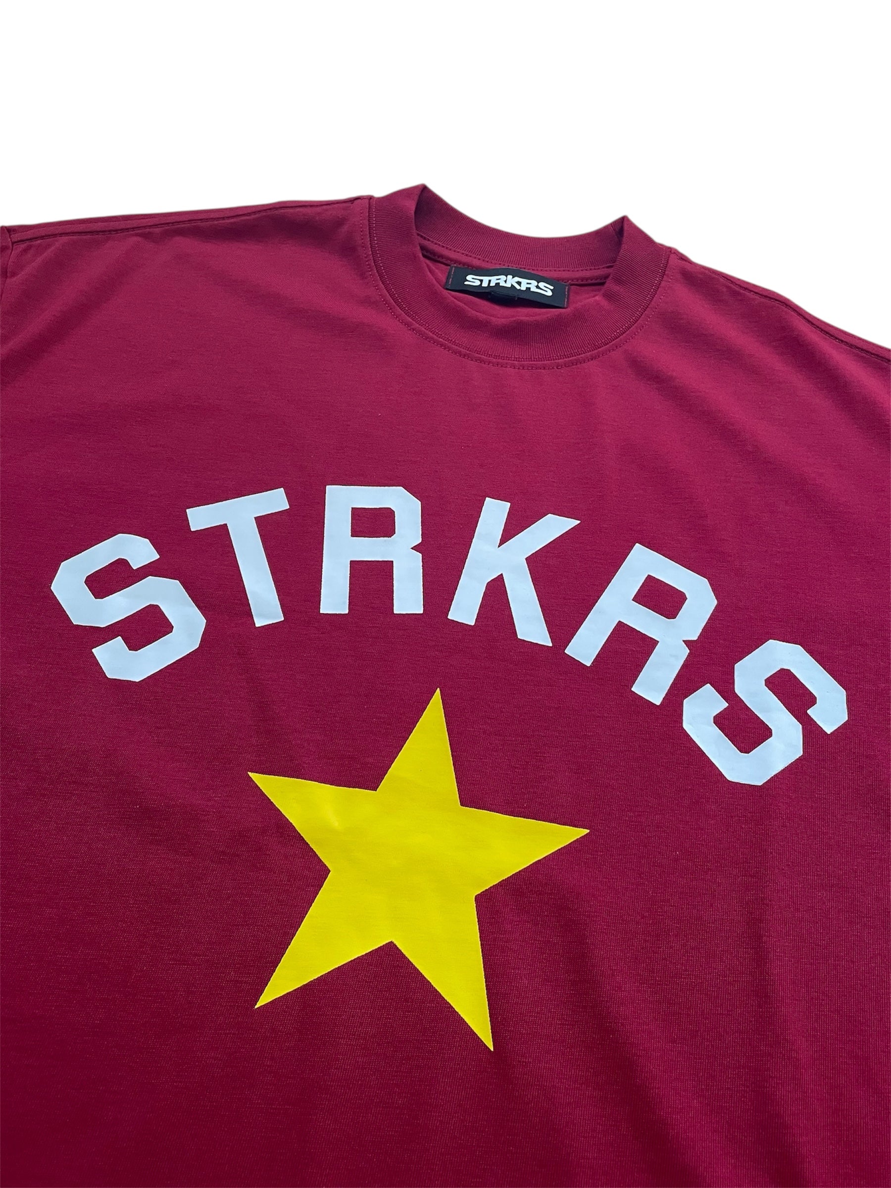 STRKRS maroon mens women's unisex 100% cotton heavyweight crewneck relaxed fit t-shirt. Arch Star Logo on center chest