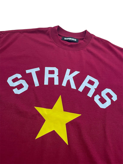 STRKRS maroon mens women's unisex 100% cotton heavyweight crewneck relaxed fit t-shirt. Arch Star Logo on center chest