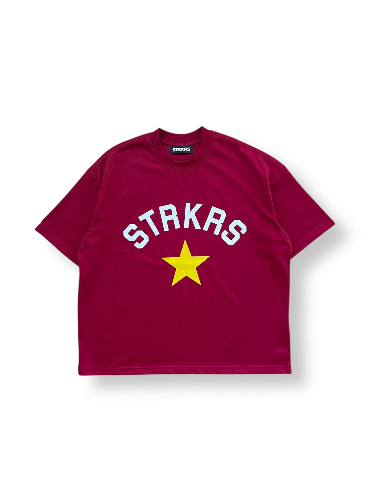 STRKRS maroon mens women's unisex 100% cotton heavyweight crewneck relaxed fit t-shirt. Arch Star Logo on center chest