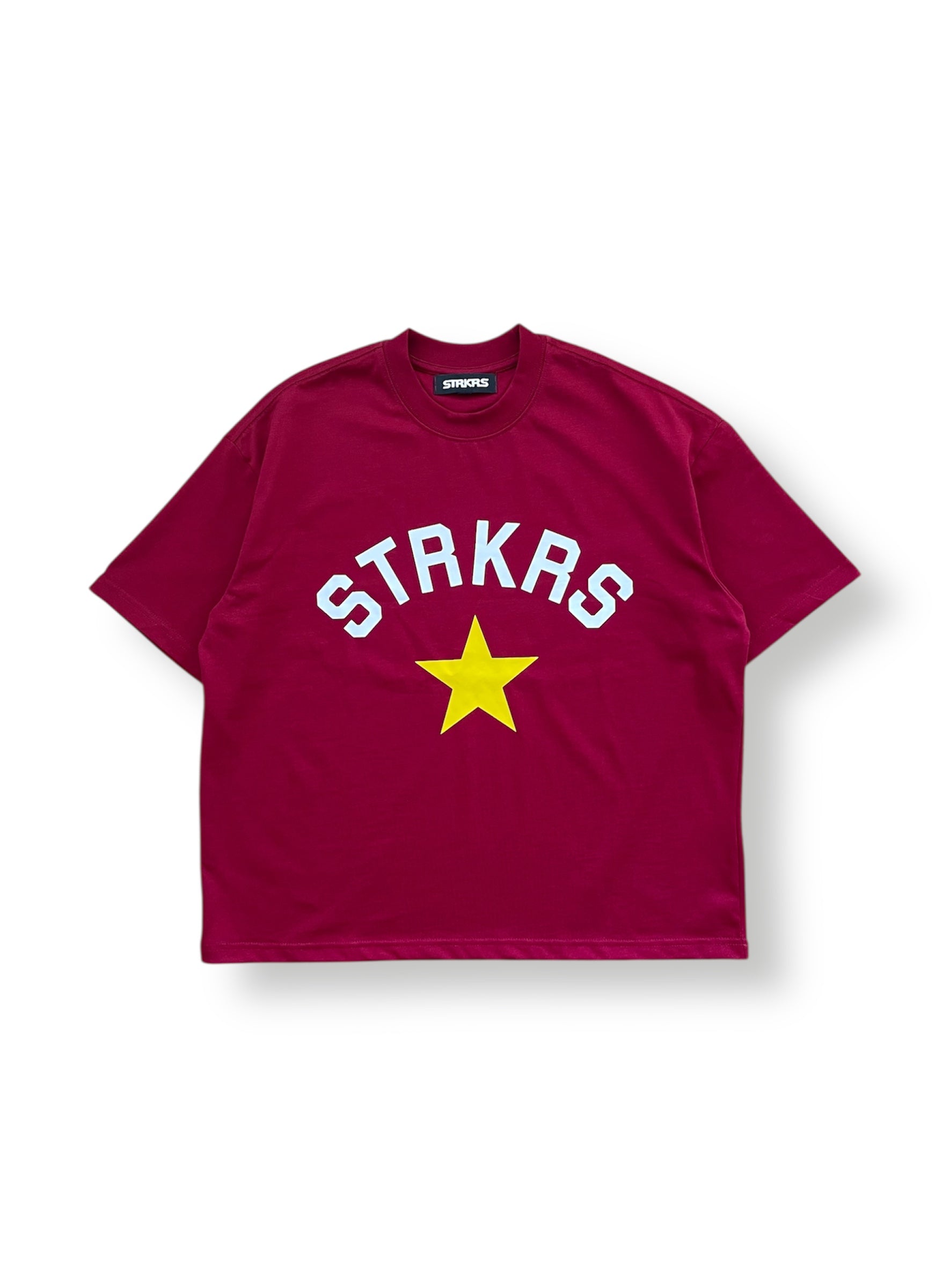 STRKRS maroon mens women's unisex 100% cotton heavyweight crewneck relaxed fit t-shirt. Arch Star Logo on center chest