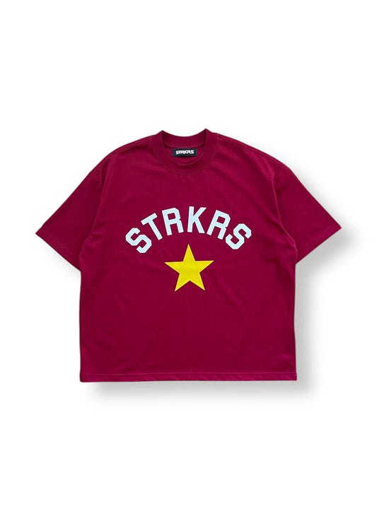 STRKRS maroon mens women's unisex 100% cotton heavyweight crewneck relaxed fit t-shirt. Arch Star Logo on center chest