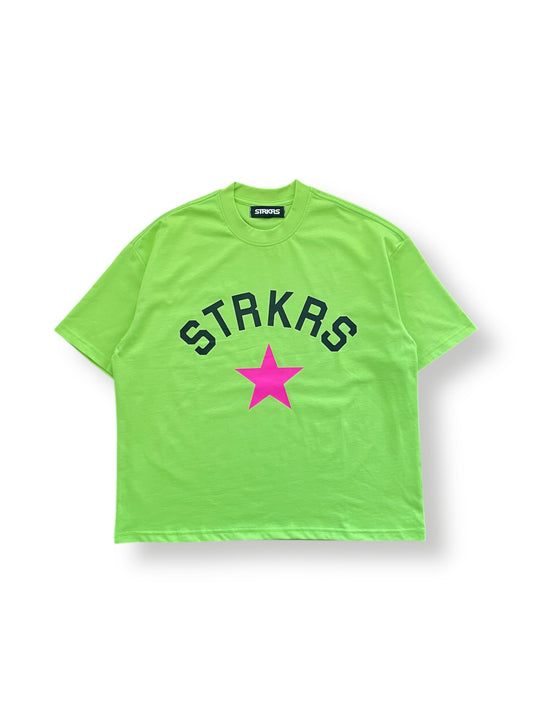 STRKRS neon green mens women's unisex 100% cotton heavyweight crewneck relaxed fit t-shirt. Arch Star Logo on center chest