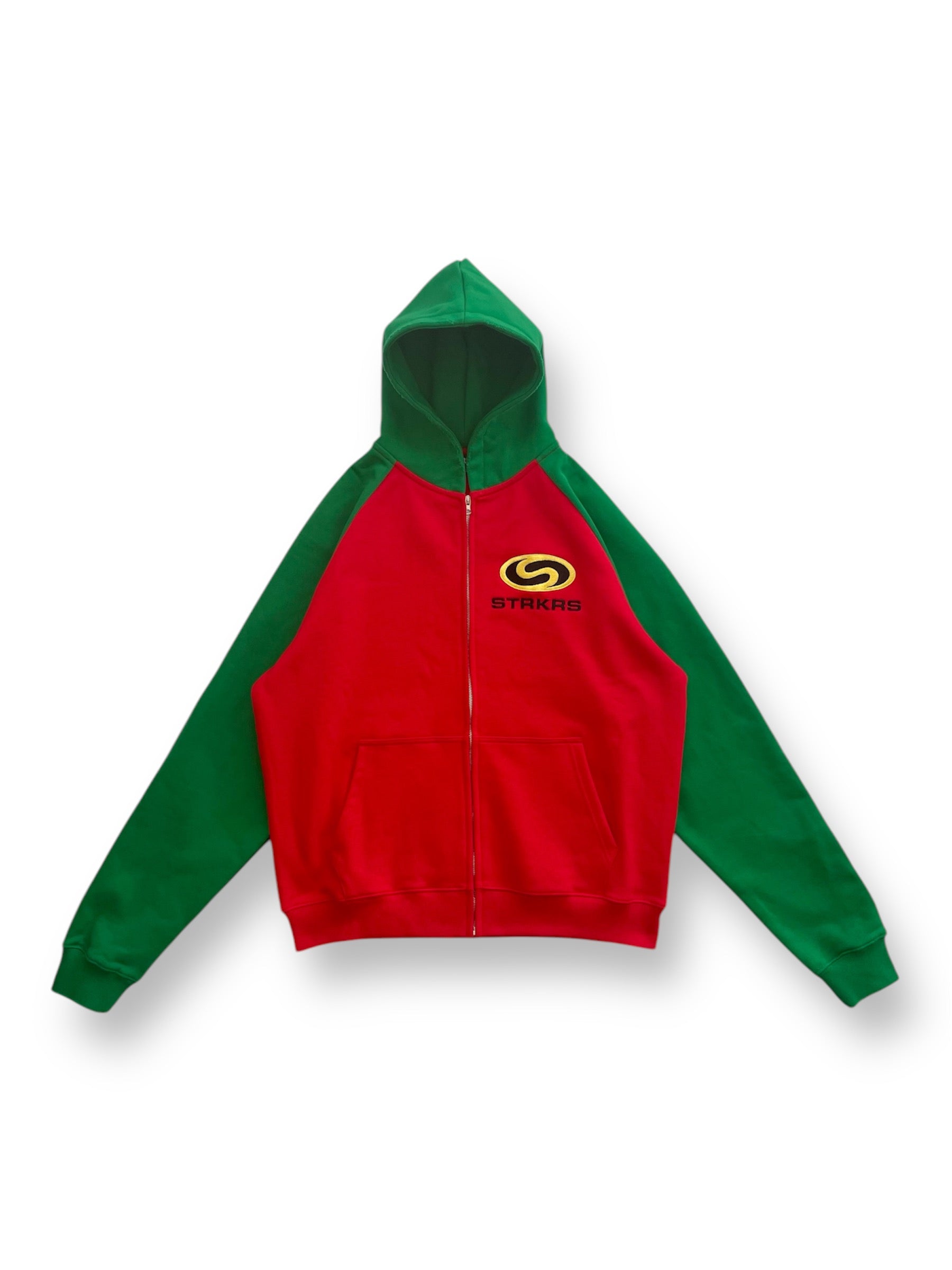 STRKRS red and green mens women's unisex 100% French Terry cotton heavyweight raglan sleeve relaxed fit ROBIN hoodie. STRKRS Balance Logo embroidered at left chest.