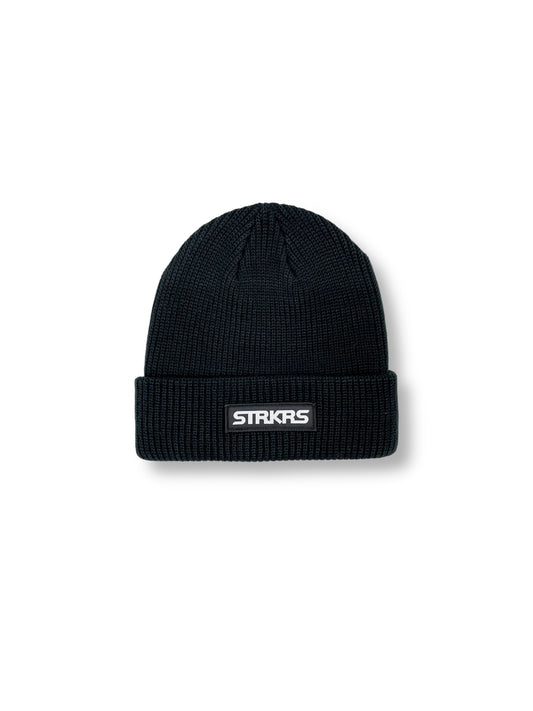 STRKRS mens women's unisex soft warm insulating 100% acrylic ribbed knit box logo black beanie