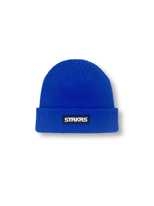 STRKRS mens women's unisex soft warm insulating 100% acrylic ribbed knit box logo royal blue beanie