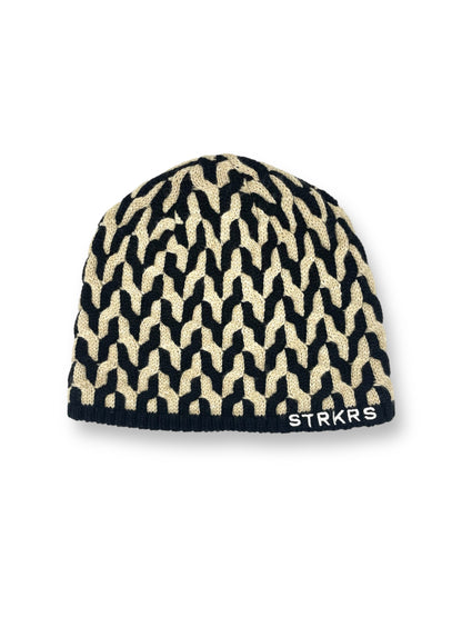 STRKRS black and white mens women's unisex soft warm insulating wool acrylic blend uniquely patterned low profile skullcap beanie with brim. Line with a cozy polyester fleece interior. STRKRS Logo embroidered on ribbed brim.