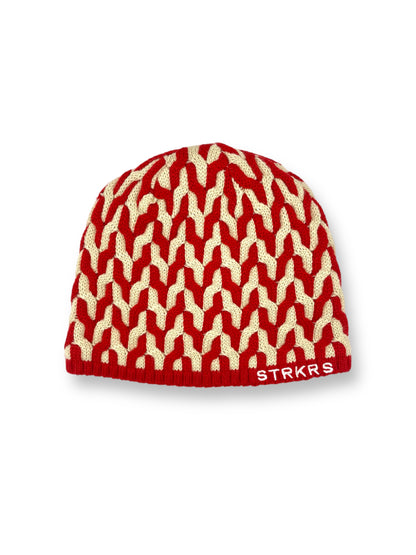 STRKRS red and white mens women's unisex soft warm insulating wool acrylic blend uniquely patterned low profile skullcap beanie with brim. Line with a cozy polyester fleece interior. STRKRS Logo embroidered on ribbed brim.