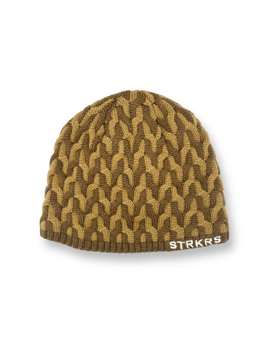 STRKRS dark brown and light brown mens women's unisex soft warm insulating wool acrylic blend uniquely patterned low profile skullcap beanie with brim. Line with a cozy polyester fleece interior. STRKRS Logo embroidered on ribbed brim.