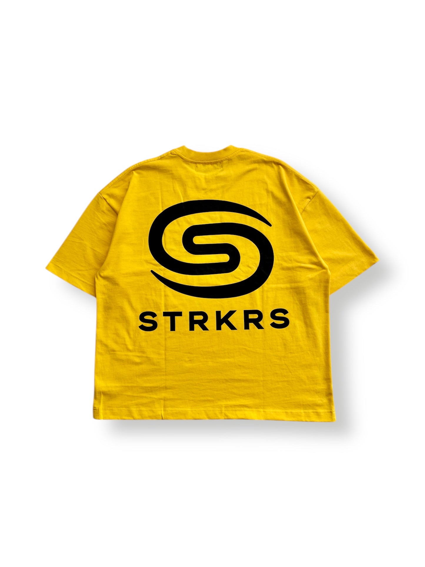 STRKRS yellow and black mens women's unisex 100% cotton heavyweight crewneck boxy slightly oversized t-shirt. Revolution Swirl Logo on back of t-shirt