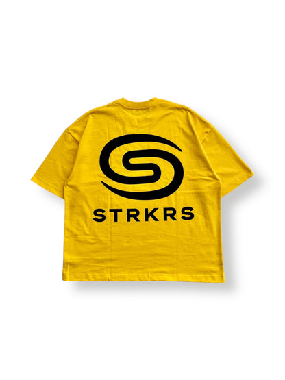 STRKRS yellow and black mens women's unisex 100% cotton heavyweight crewneck boxy slightly oversized t-shirt. Revolution Swirl Logo on back of t-shirt