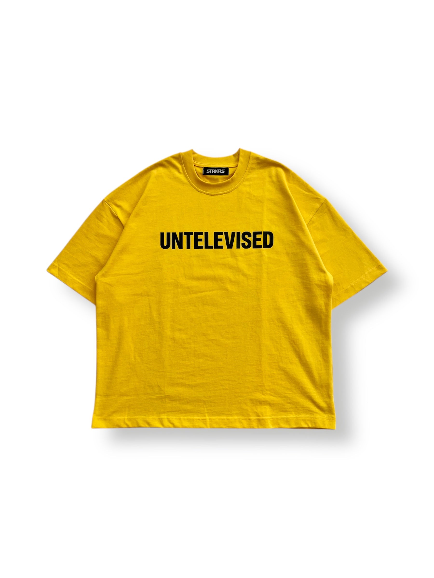 STRKRS yellow and black mens women's unisex 100% cotton heavyweight crewneck boxy slightly oversized t-shirt. Revolution Swirl Logo on back of t-shirt