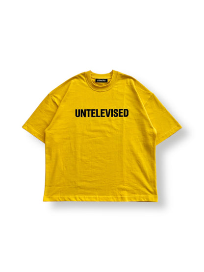 STRKRS yellow and black mens women's unisex 100% cotton heavyweight crewneck boxy slightly oversized t-shirt. Revolution Swirl Logo on back of t-shirt