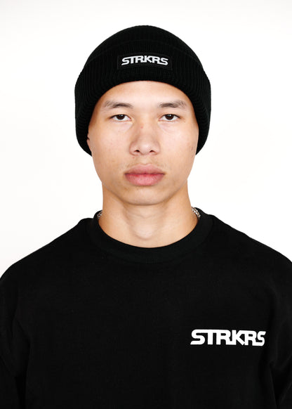 STRKRS mens women's unisex soft warm insulating 100% acrylic ribbed knit box logo black beanie