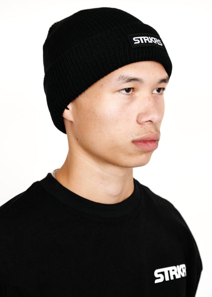 STRKRS mens women's unisex soft warm insulating 100% acrylic ribbed knit box logo black beanie