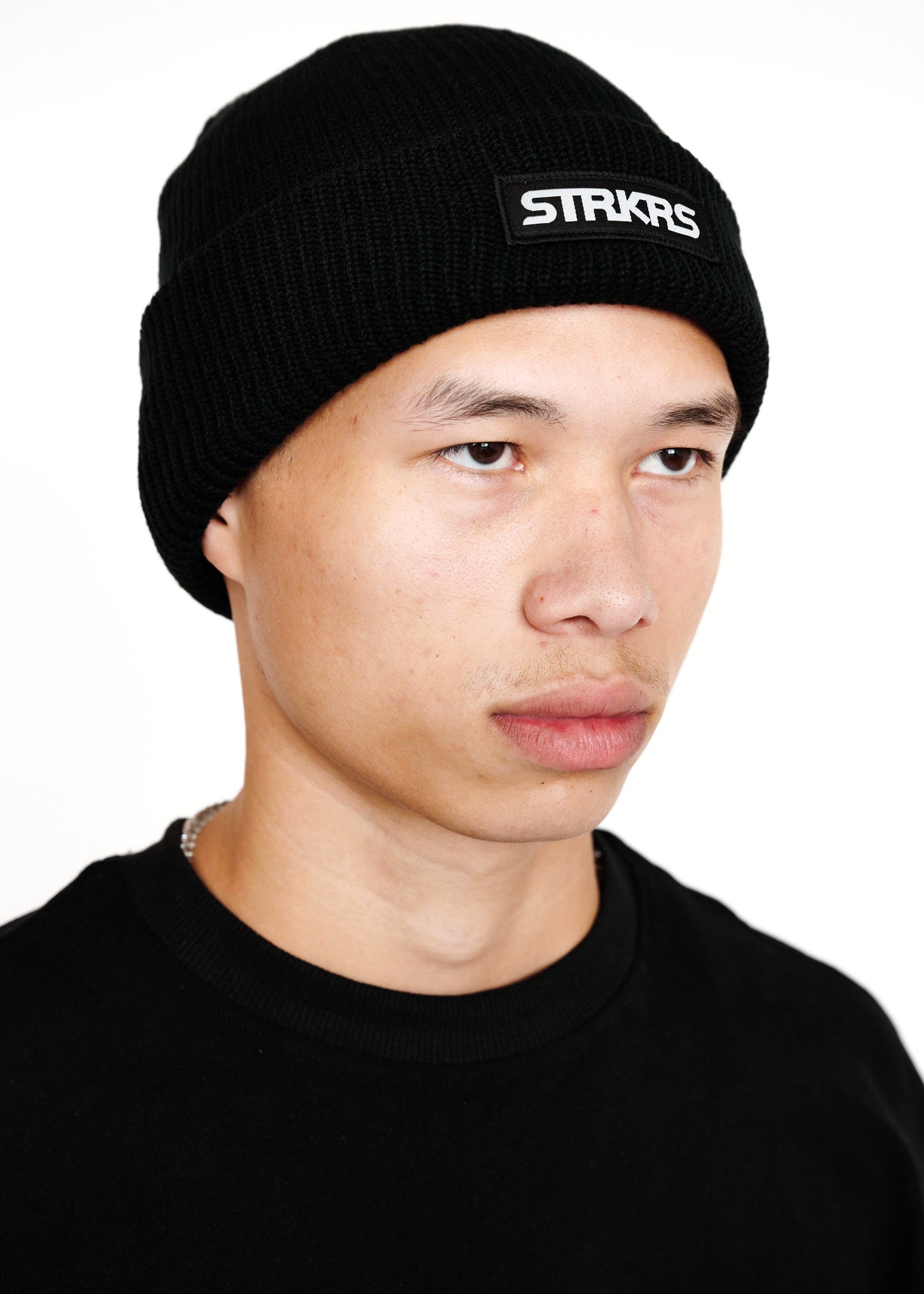 STRKRS mens women's unisex soft warm insulating 100% acrylic ribbed knit box logo black beanie