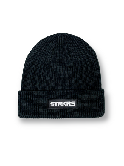 STRKRS mens women's unisex soft warm insulating 100% acrylic ribbed knit box logo black beanie