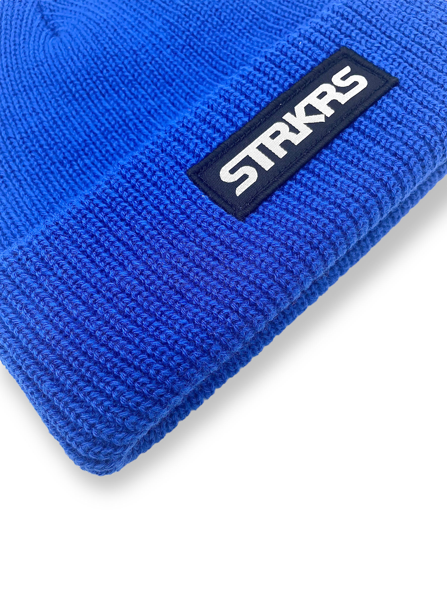 STRKRS mens women's unisex soft warm insulating 100% acrylic ribbed knit box logo royal blue beanie