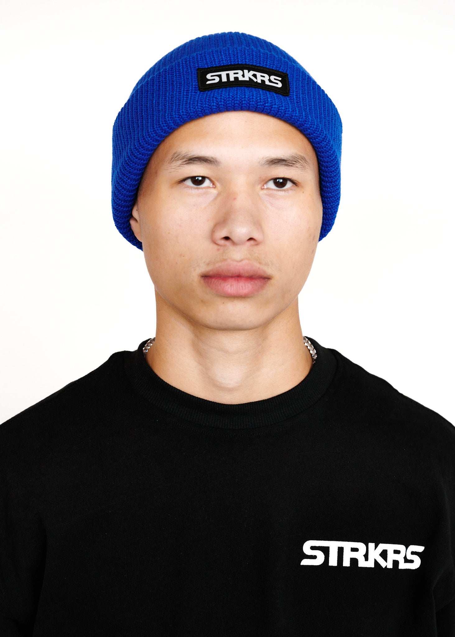 STRKRS mens women's unisex soft warm insulating 100% acrylic ribbed knit box logo royal blue beanie