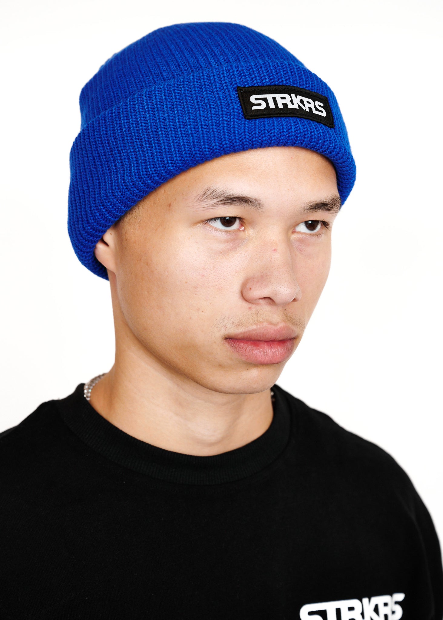 STRKRS mens women's unisex soft warm insulating 100% acrylic ribbed knit box logo royal blue beanie