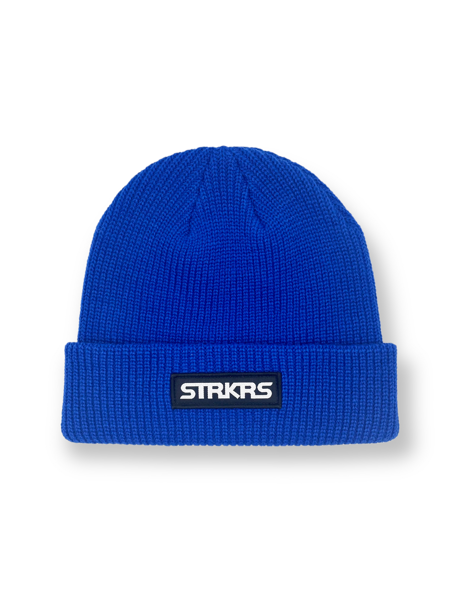 STRKRS mens women's unisex soft warm insulating 100% acrylic ribbed knit box logo royal blue beanie