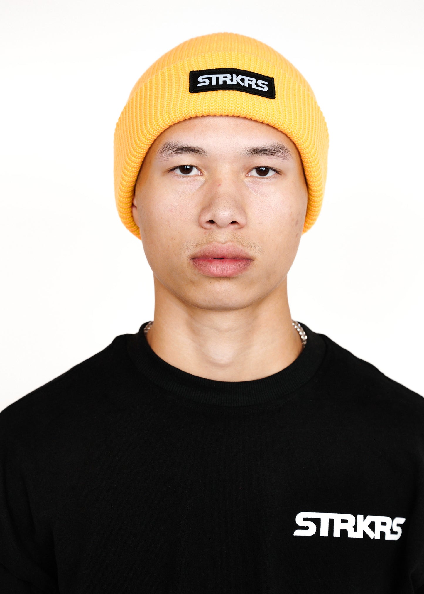 STRKRS mens women's unisex soft warm insulating 100% acrylic ribbed knit box logo yellow beanie