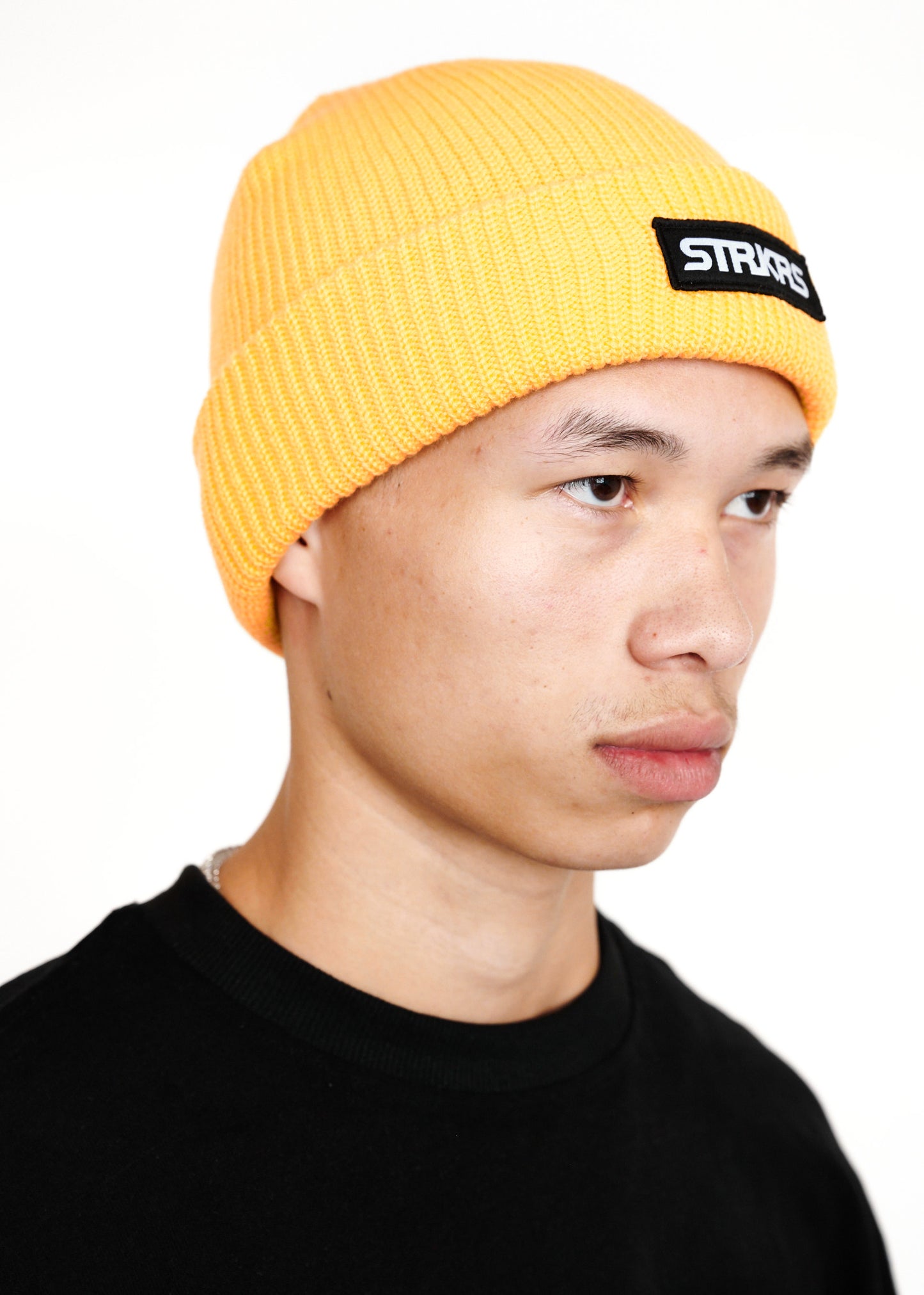 STRKRS mens women's unisex soft warm insulating 100% acrylic ribbed knit box logo yellow beanie