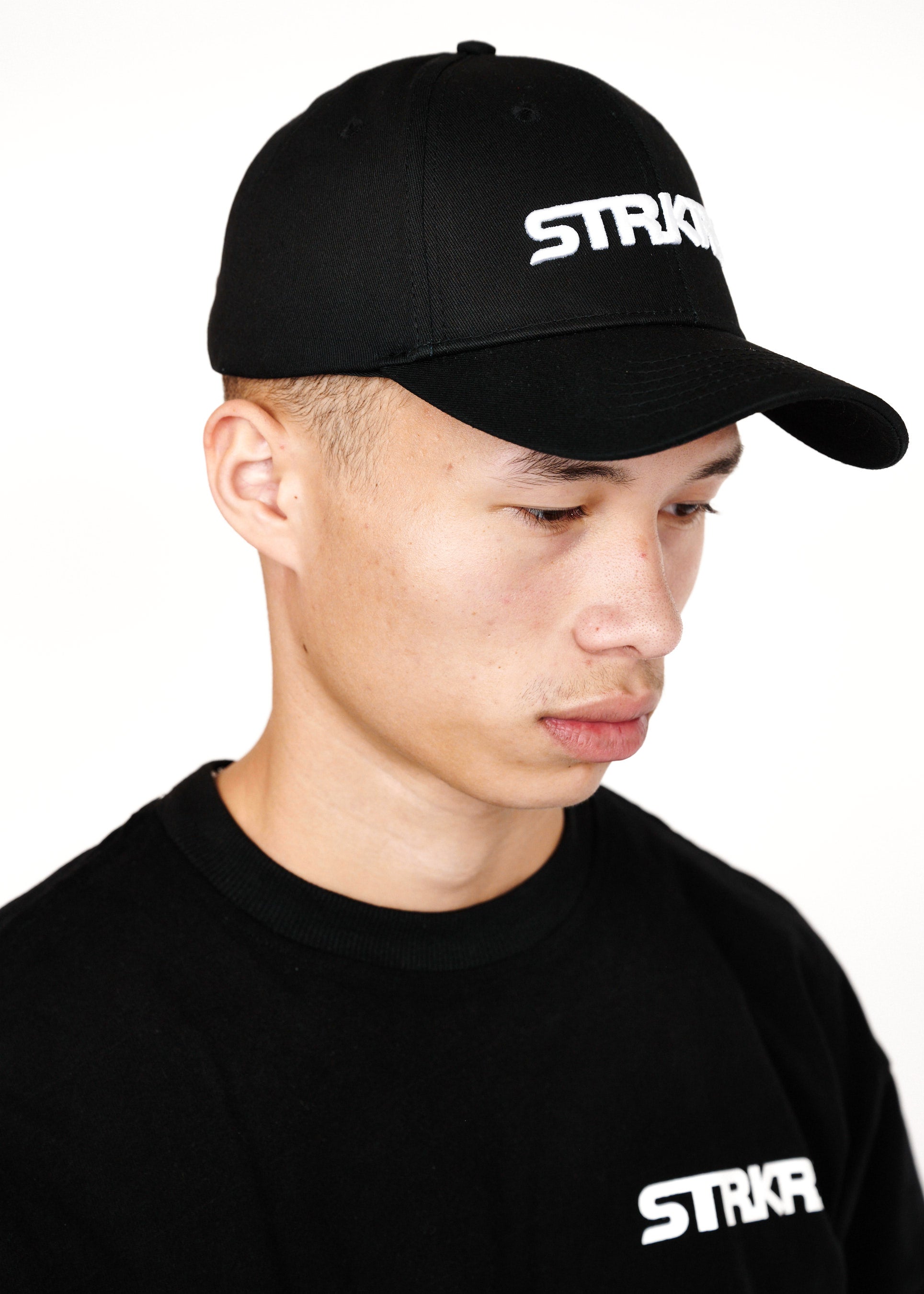 STRKRS mens women's unisex 3D embroidered 100% cotton structured six-panel adjustable strap black and white core logo baseball cap
