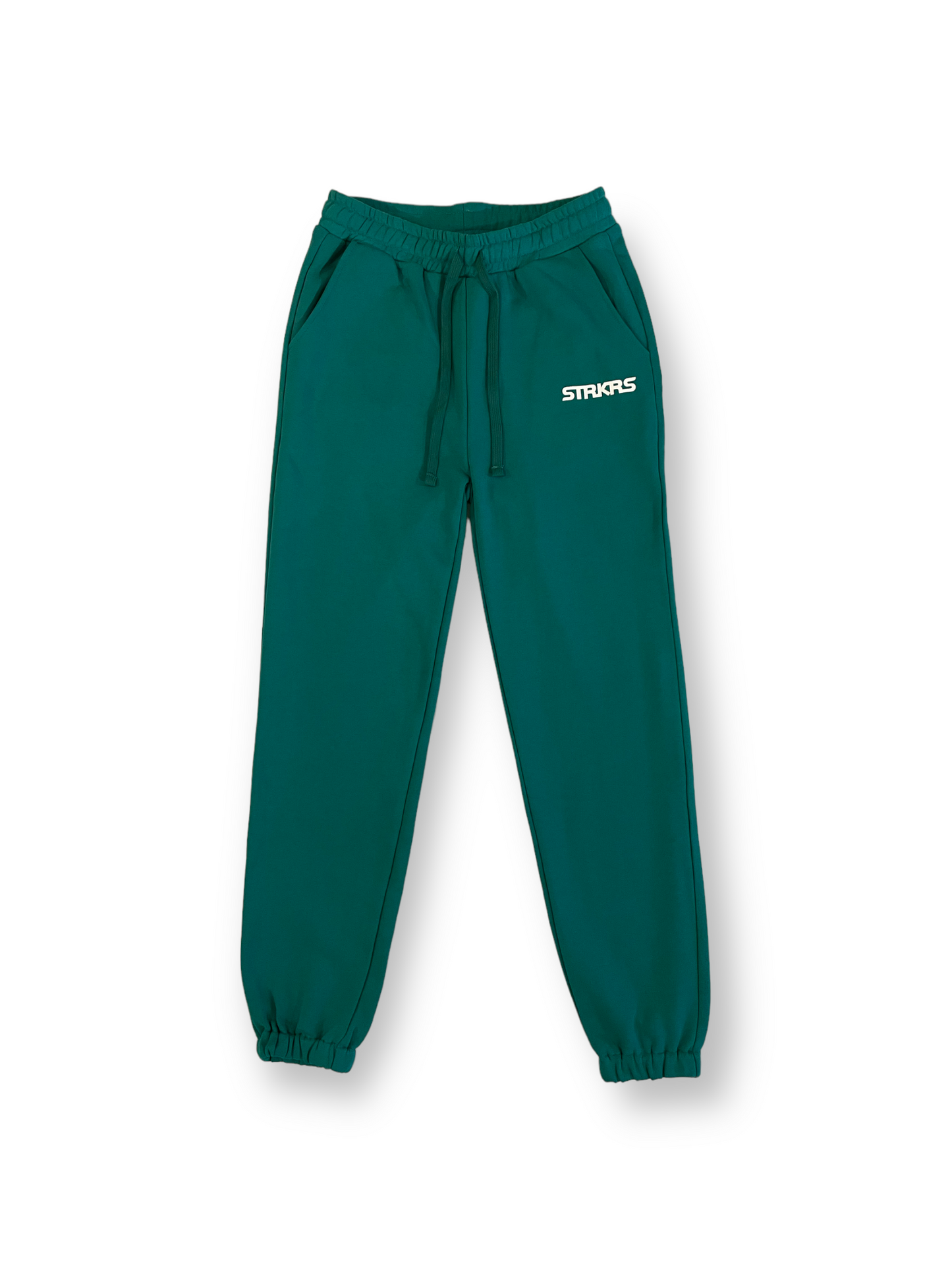 STRKRS cadmium green mens women's unisex 100% French Terry cotton heavyweight relaxed slightly baggy sweatpants. STRKRS Core Logo screen printed at center chest.