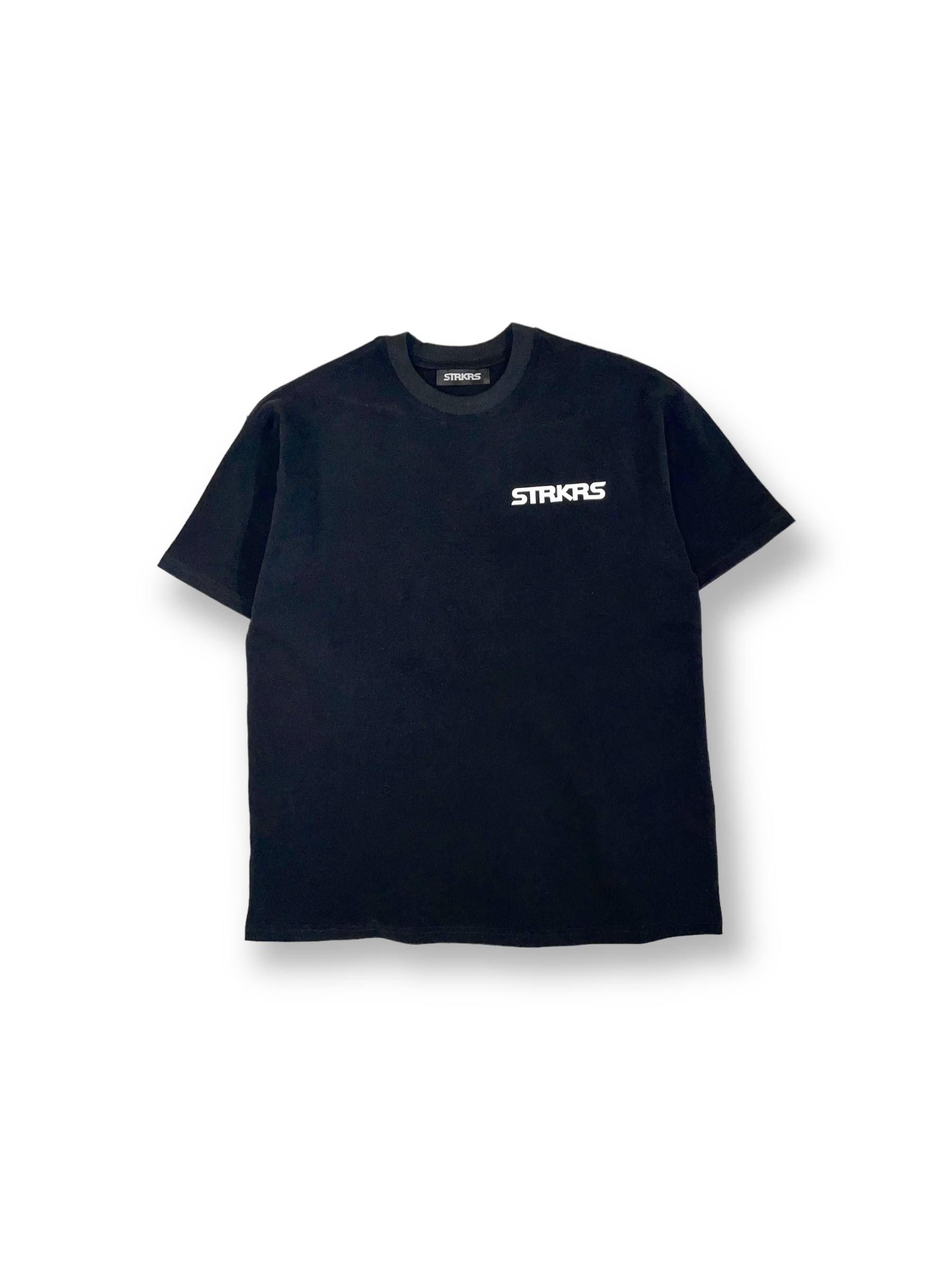 STRKRS black and white mens women's unisex 100% cotton heavyweight crewneck relaxed slightly oversized t-shirt. Single-minded Driven Purposeful on back of t-shirt