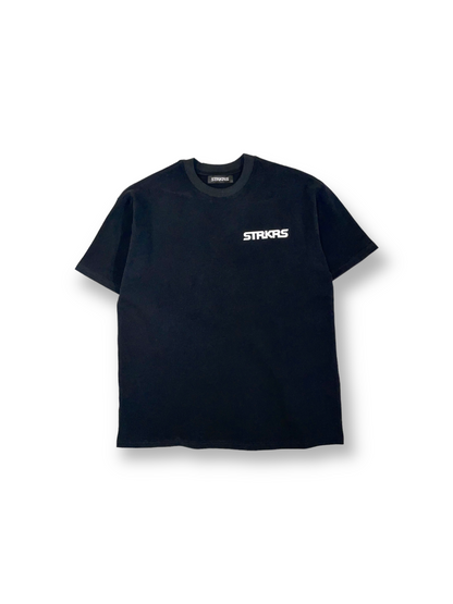 STRKRS black and white mens women's unisex 100% cotton heavyweight crewneck relaxed slightly oversized t-shirt. Single-minded Driven Purposeful on back of t-shirt