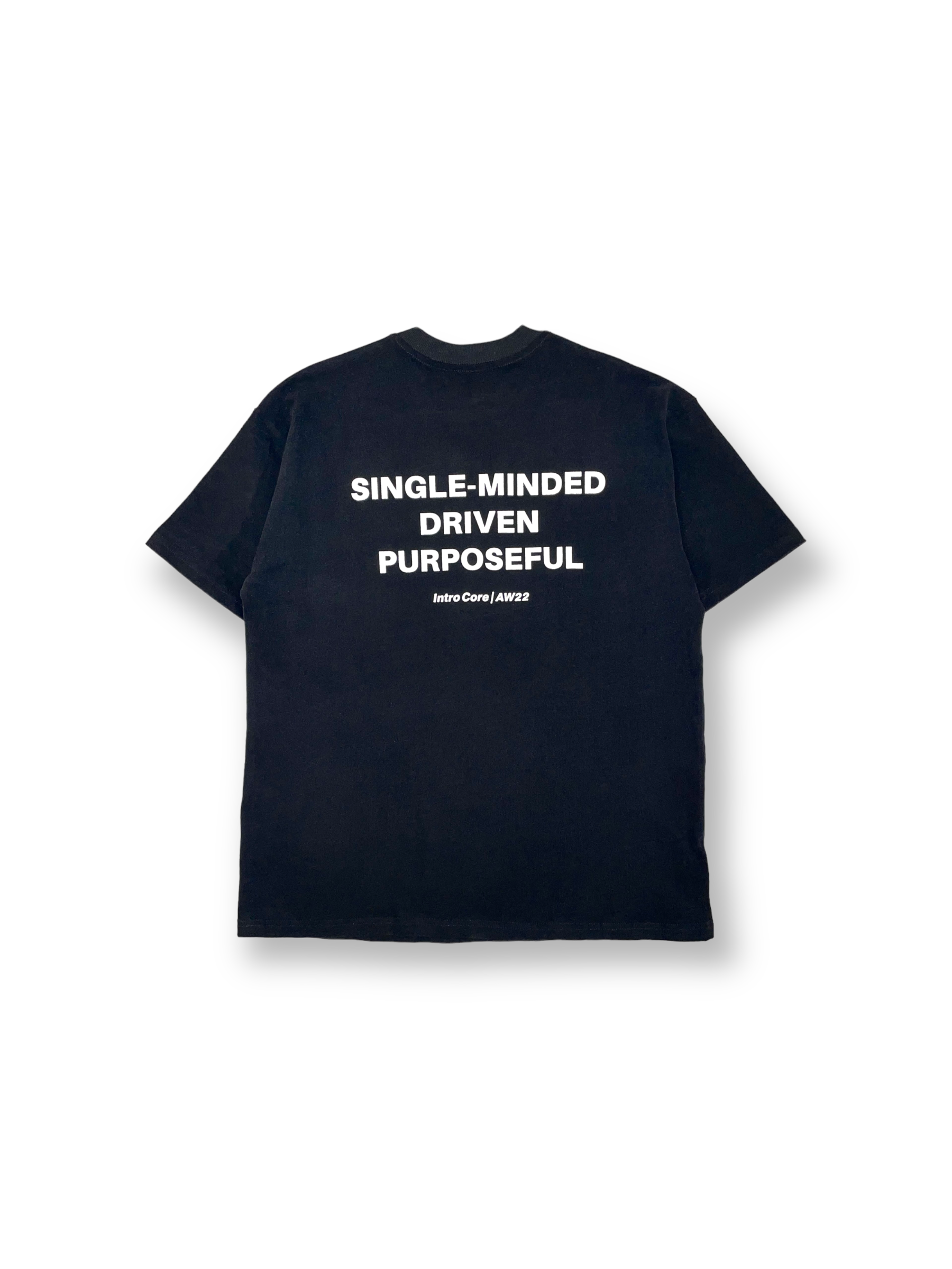 STRKRS black and white mens women's unisex 100% cotton heavyweight crewneck relaxed slightly oversized t-shirt. Single-minded Driven Purposeful on back of t-shirt