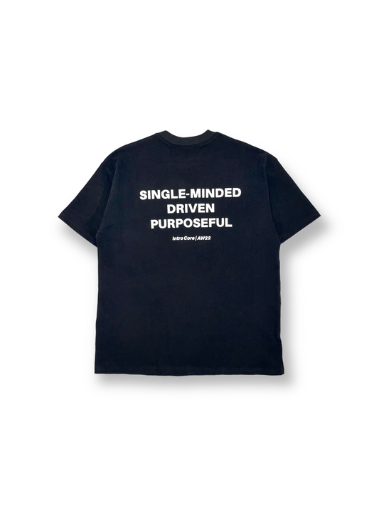 STRKRS black and white mens women's unisex 100% cotton heavyweight crewneck relaxed slightly oversized t-shirt. Single-minded Driven Purposeful on back of t-shirt