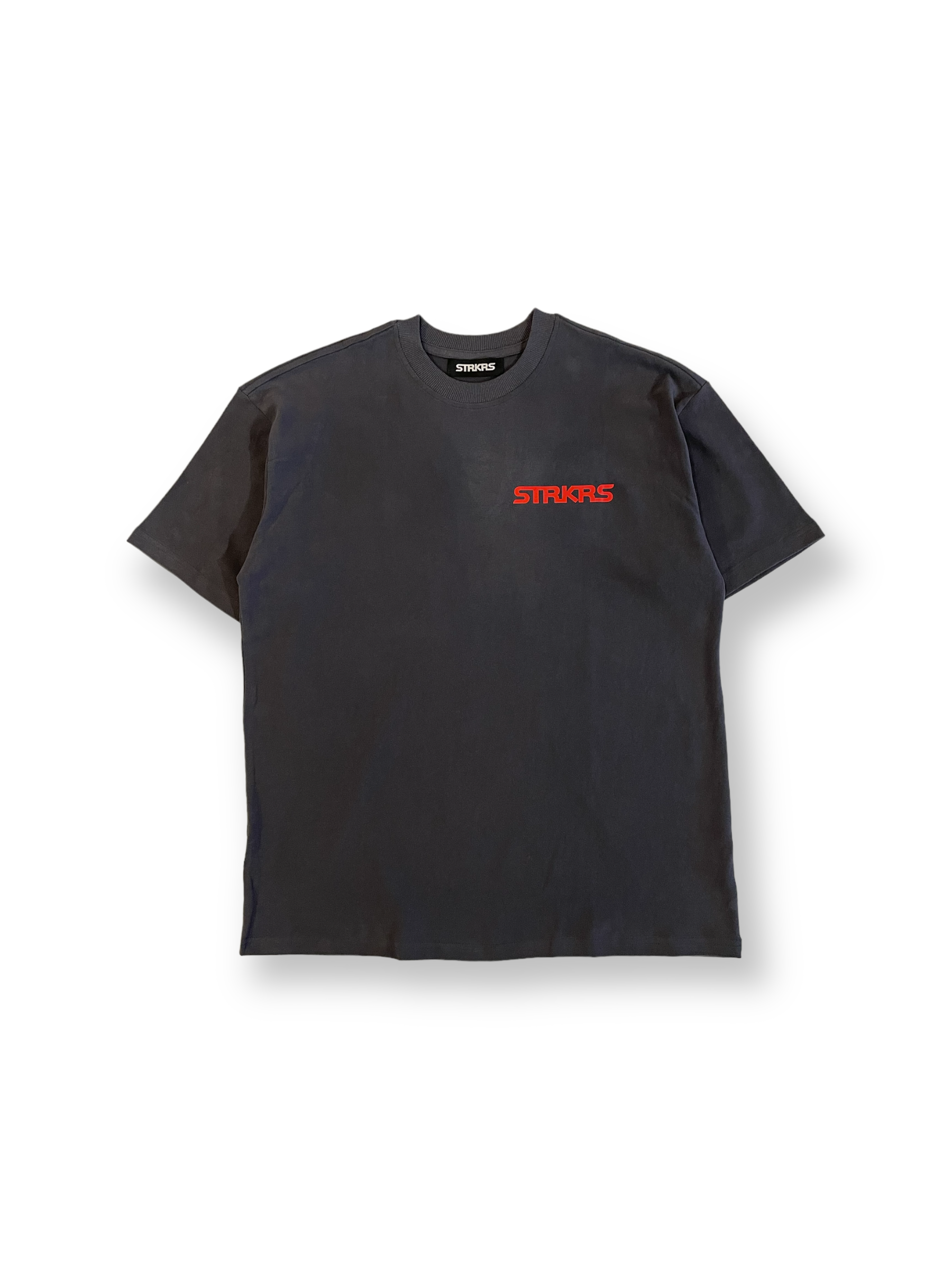 STRKRS washed gray and red mens women's unisex 100% cotton heavyweight crewneck relaxed slightly oversized t-shirt. Single-minded Driven Purposeful on back of t-shirt