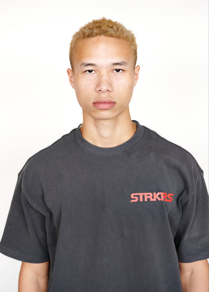 STRKRS washed gray and red mens women's unisex 100% cotton heavyweight crewneck relaxed slightly oversized t-shirt. Single-minded Driven Purposeful on back of t-shirt
