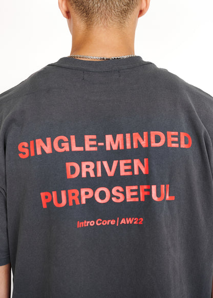 STRKRS washed gray and red mens women's unisex 100% cotton heavyweight crewneck relaxed slightly oversized t-shirt. Single-minded Driven Purposeful on back of t-shirt