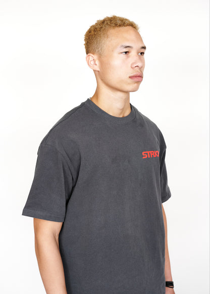 STRKRS washed gray and red mens women's unisex 100% cotton heavyweight crewneck relaxed slightly oversized t-shirt. Single-minded Driven Purposeful on back of t-shirt