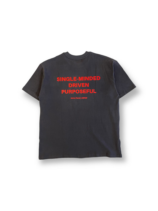 STRKRS washed gray and red mens women's unisex 100% cotton heavyweight crewneck relaxed slightly oversized t-shirt. Single-minded Driven Purposeful on back of t-shirt