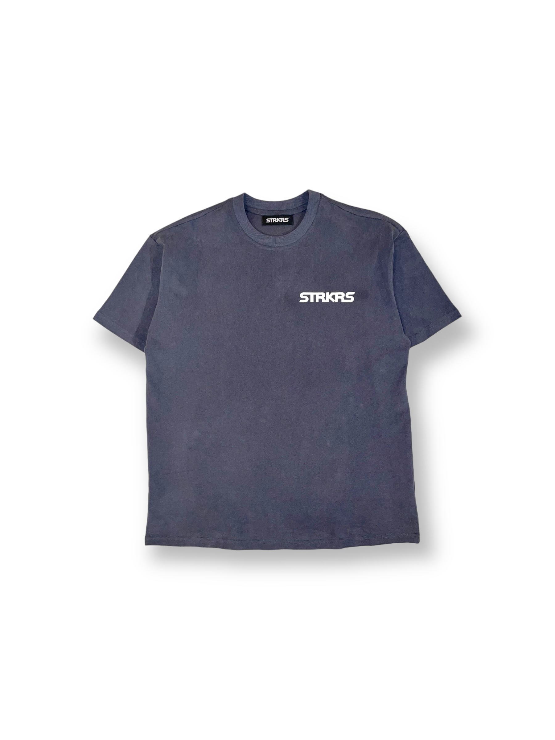 STRKRS washed gray and white mens women's unisex 100% cotton heavyweight crewneck relaxed slightly oversized t-shirt. Single-minded Driven Purposeful on back of t-shirt