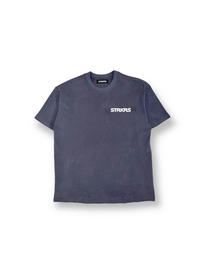 STRKRS washed gray and white mens women's unisex 100% cotton heavyweight crewneck relaxed slightly oversized t-shirt. Single-minded Driven Purposeful on back of t-shirt