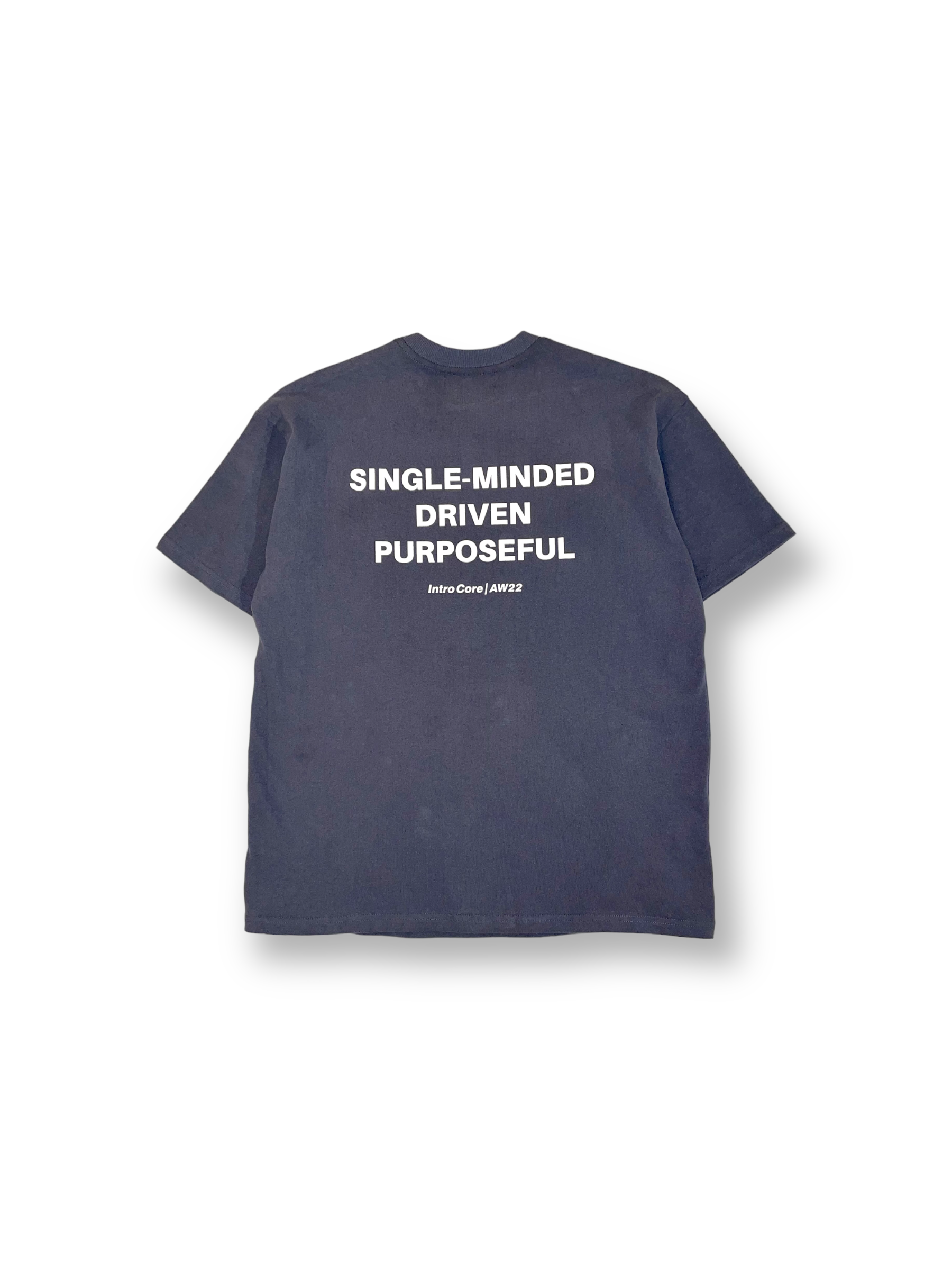 STRKRS washed gray and white mens women's unisex 100% cotton heavyweight crewneck relaxed slightly oversized t-shirt. Single-minded Driven Purposeful on back of t-shirt